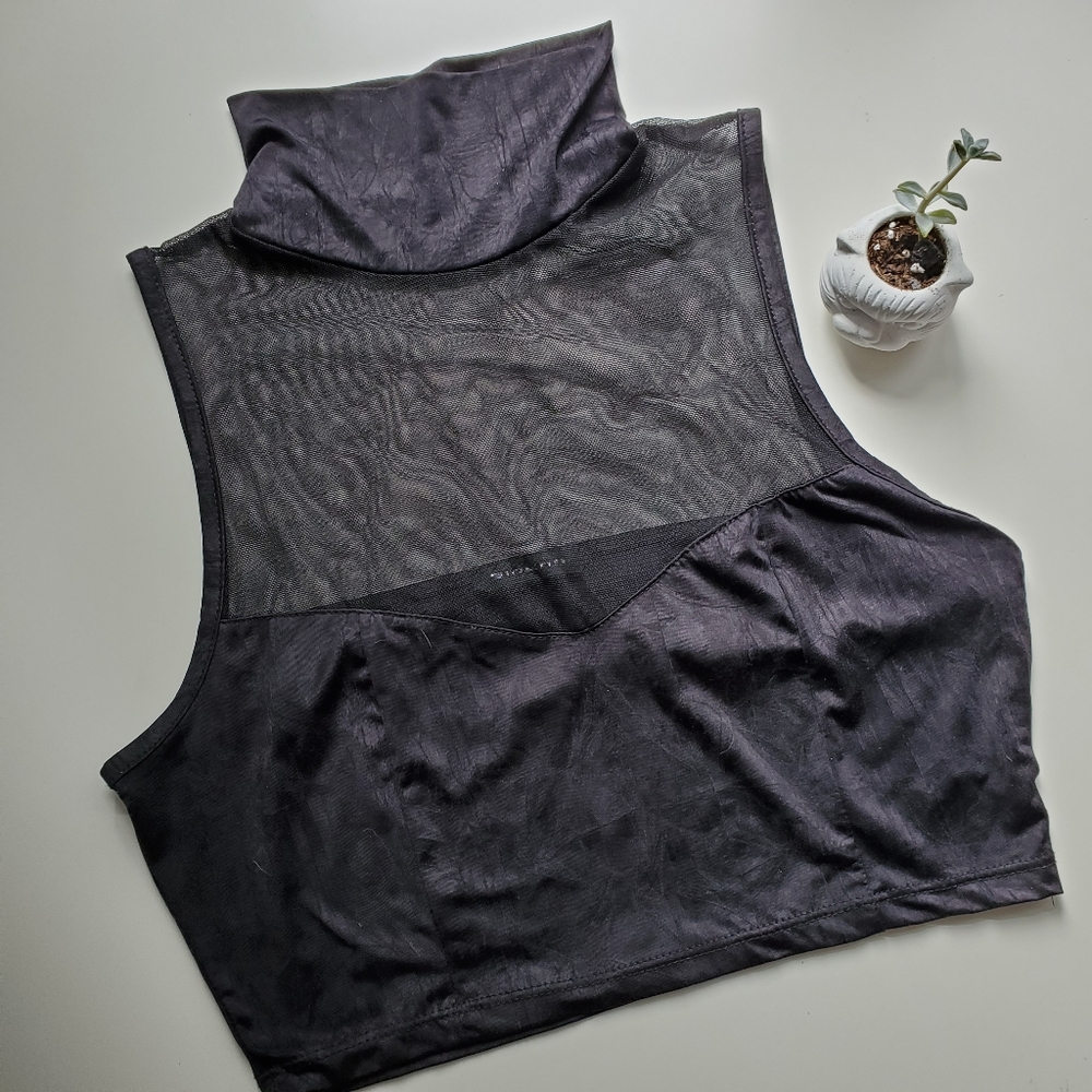 Black Mesh Crop Top Mock Neck